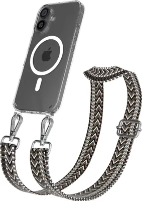 Produktbild von EAZY CASE - Handykette mit MagSafe Hülle für Apple iPhone 16, Handyband ZigZag Style,Karabiner Silber, Umhängeband in Grau