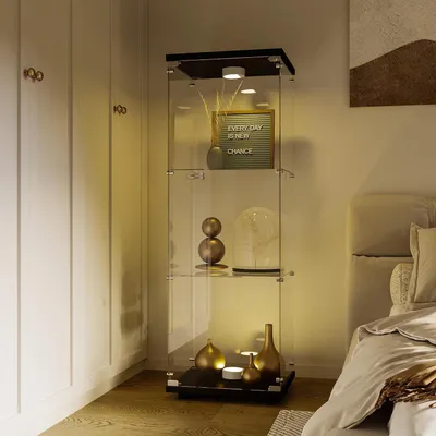 Image de Vitrine LED, 125 cm, verre, noire, 1 porte, 3 étagères