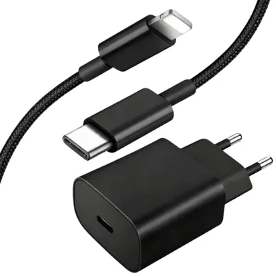 Produktbild von Schnell Ladekabel 1 meter Nylon Kabel mit 25W Ladegerät in schwarz USB-C zu 8-Pin für iPhone 11 12 13 14 Plus Pro Max Air
