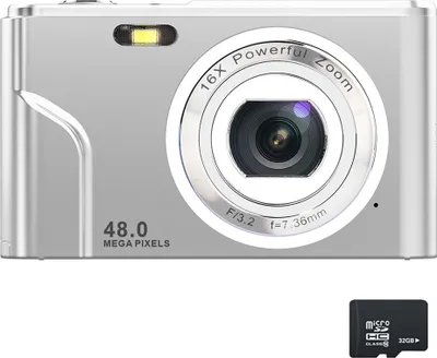 A silver digital camera and a micro SD card are shown against a white background.