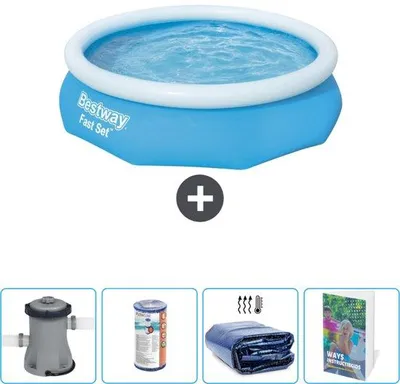 Produktbild von Rundes Bequemliches Schwimmbad - 305 x 76 cm - Blauw - Mit Pumpe Filter - Sonnenschutz - Schwimmbadhandbuch