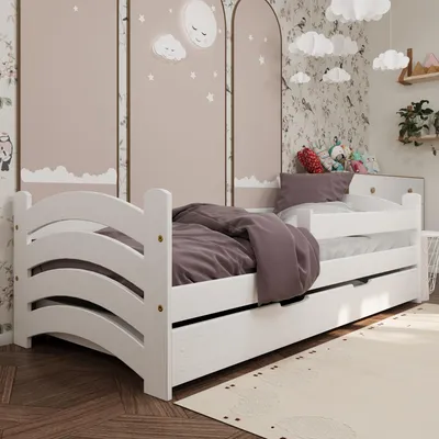 Produktbild von Kinderbett Nora mit Rausfallschutz, Schublade und Lattenrost | 160x80 cm | Deckweiß | 100% Massivkiefernholz | für Jungen und Mädchen | stabil