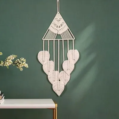Immagine prodotto di Tappezzeria da parete in cotone intrecciato a mano, con frange a forma di foglie, decorazione bohémien per pareti, ideale per soggiorno o camera da letto, colore bianco
