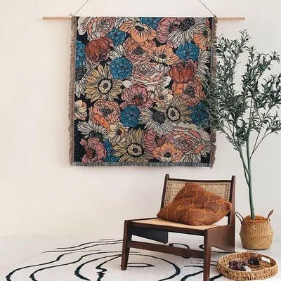 Produktbild von Famanu Decke Boho Blumenmuster mit Fransen - 130 x 160 cm