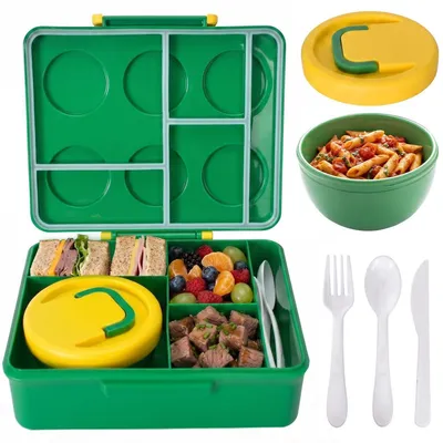 Image de Boîte à repas Bento Box pour enfants, 1900 ml, avec récipient isotherme de 300 ml, couleur verte