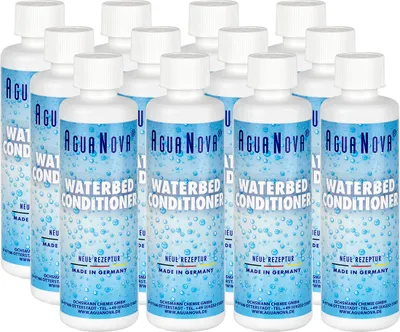 A group of waterbed conditioner bottles arranged in a grid.