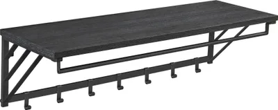 A black wooden shelf with a metal bar and hooks, mounted on a white background.