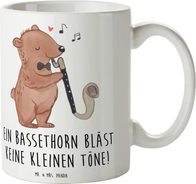 Produktbild von Mr. & Mrs. Panda Tasse Bassethorn Klänge - Weiß - Geschenk, Klarinettenfamilie, Musik, Lernen, kaffeebecher keramik, Kammermusik, Musiker, Teetasse, Teebecher, Instrument