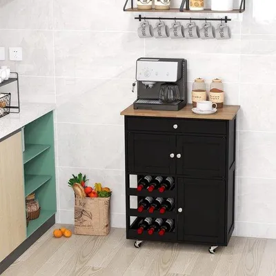 Zdjęcie produktu dla Wózek do serwowania z kółkami, szufladami i schowkiem na wino – wielofunkcyjny wózek do serwowania do kuchni i nie tylko