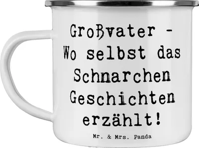 Produktbild von Mr. & Mrs. Panda Emaille Tasse Spruch Großvater Geschichten - Weiß - Geschenk, für, Pott, becher, Lebensweisheit, Dankeschön, Liebe, Teetasse, Freude, Humor, Haferl