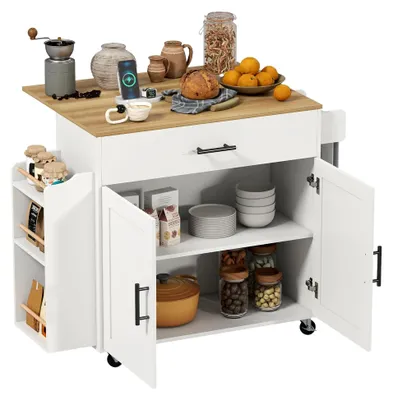 Produktbild von Kücheninsel Küchenwagen mit abklappbarer Arbeitsplatte, Küchenschrank mit Schublade, Gewürzregal, Handtuchhalter, Servierwagen für Küche und Esszimmer 120x68x85cm Weiß