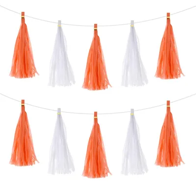 Quastengirlande, 20 Stück, orange-weiß, 2–2,5 m, 35 cm Quasten