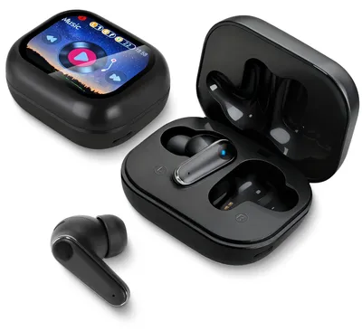 Zdjęcie produktu dla Słuchawki douszne Bluetooth, bezprzewodowe słuchawki, czarne, z pełnokolorowym, inteligentnym ekranem dotykowym, czarne