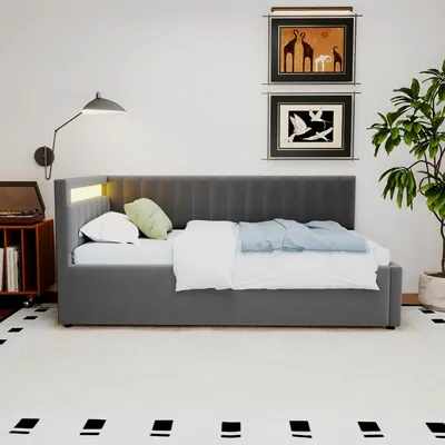 Immagine prodotto di okwish divano letto 90x200cm letto per bambini imbottito con LED e contenitore，testiere laterali intercambiabili, tessuto velluto, senza materasso，grigio scuro