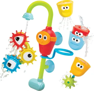 A colorful bath toy set with a water spout and spinning gears.