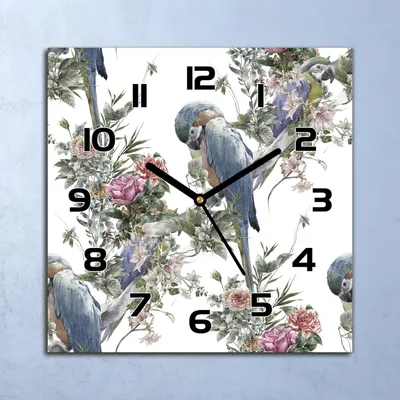 Produktbild von Wanduhr Echt-Glas-Küchenuhr Papageien Blüten Quarz Lautlos 30x30 Deko Bilder
