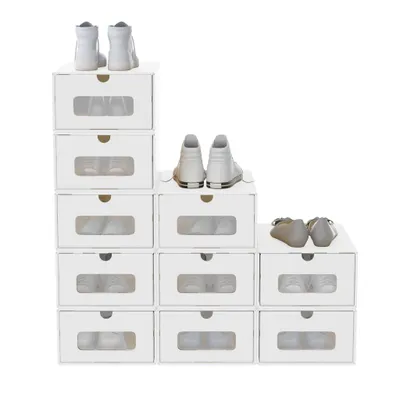 Obrázok produktu pre JOIEYOU 10x boxy na topánky Stohovateľné kraftové papierové úložné boxy na topánky s vekom a priehľadným okienkom Box na topánky Organizér na topánky, 34,5x23,5x13,5 cm, biely