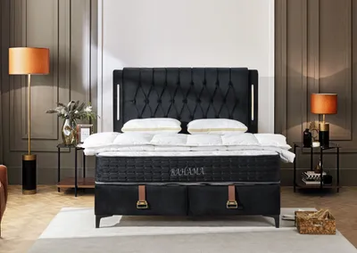 Produktbild von BAHAMA Schwarz Velvet  Set  Samt Boxspringbett Set LED-Beleuchtung Set 4 teilig 180x200 cm inkl. Matratze Hydraulisch Stauraum Doppelbett