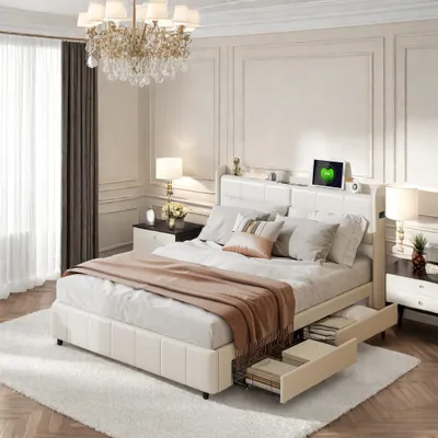 Produktbild von UnboxG Polsterbett Doppelbett 160x200 mit USB-Bett und 4 Schubladen, Stauraumbett Funktionsbett Bettgestell mit Kopfteil und Lattenrost, PU, Weiß