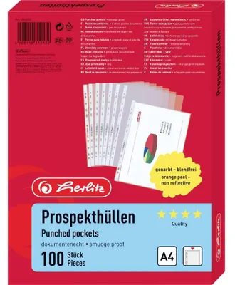 Image de herlitz 10840320 Pochette A4 Premium grainée, PP, 0,085 mm, transparent, 100 pièces