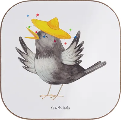 Produktbild von Mr. & Mrs. Panda Untersetzer Rabe Sombrero - Weiß - Geschenk, Coaster, Elster, Flaschenuntersetzer, für Gläser, Vögel, Vogel, glücklich sein, Motivation, Lustige Sprüche