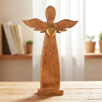 Obrázek produktu pro Orion | Dřevěná figurka - 42 cm - Ruční výroba - Mangové dřevo - Velký anděl se zlatým srdcem