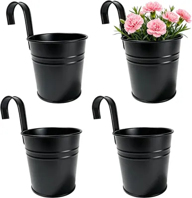 Immagine prodotto di Vasi da fiori sospesi - Set di 4 - 16 cm - Vasi in metallo con gancio rimovibile e fori di drenaggio - Vasi da fiori sospesi