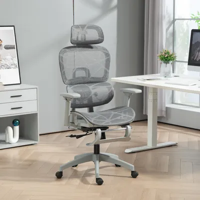Produktbild von Bürostuhl mit Fußstütze ergonomisch, Schreibtischstuhl Netzstoff 135° neigbar, Drehstuhl Polyester, Grau | 66x64x122 cm | Kopfstütze | Lendenstütze