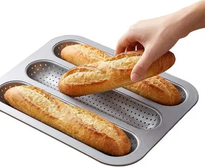 Produktbild von Französische perforierte Baguetteform Kohlenstoffstahl mit Antihaftbeschichtung und 3 Schlitzen, Backblech für hausgemachten Sauerteig, italienische Sandwiches und Brot in Küche oder Restaurant