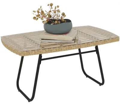 Produktbild von Gartentisch, Glasplatte, Polyrattan/Stahl, – Balkontisch Terrassentisch Outdoor wetterfest | 90x50x45 cm, beistelltisch outdoor, kleiner tisch