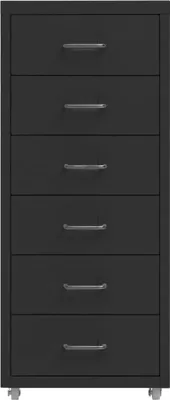 A tall, narrow black filing cabinet with six drawers and silver handles, shown from the front on a light gray background. The cabinet has small gray wheels at the bottom.
