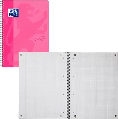 A pink Oxford college notebook is shown closed, with a view of its open pages below.