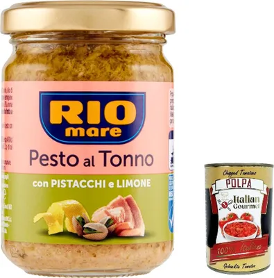 Produktbild von 3x Rio Mare Pesto al Tonno con Pistacchi e Limone, Thunfischpesto kochsauce mit Pistazien und Zitrone 130g + Italian Gourmet polpa 400g