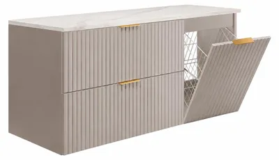 Immagine prodotto di Set di mobili da bagno con cesto per la biancheria e piano, maniglie dorate, larghezza 120 cm, finitura "Cashmere"
