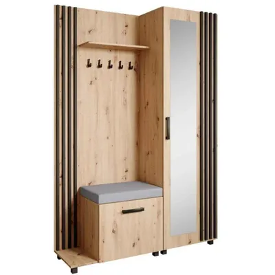 Produktbild von Garderoben-Set LIVIA Links Eiche Artisan – Garderobenschrank mit Spiegel, Schuhschrank mit grauem Sitzkissen, Lamellen in Schwarz, Hochschrank