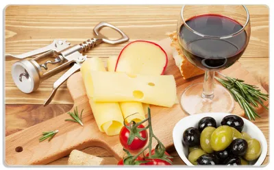 Produktbild von Wallario Frühstücksbrettchen aus Glas, je 14 x 23 cm, mit rutschfesten Füßen, Motiv Genuss am Abend - Rotwein, Käseplatte, Oliven und Tomaten