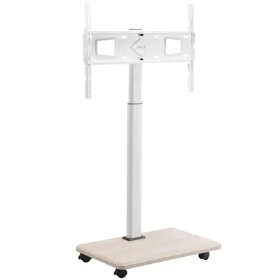 A white TV stand with a light wood base and wheels, shown against a white background.