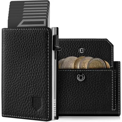 Image de Portefeuille fin pour hommes, avec compartiment à pièces, protection RFID, en cuir véritable, noir et argent