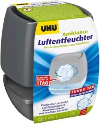 A product shot of a UHU Luftentfeuchter airmax Ambiance packaging.