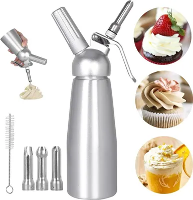 Produktbild von Edelstahl Sahnespender 500ML Sahnespender mit Patrone Schlagsahnebereiter mit 3 Edelstahl tüllen 1 Reinigungsbürsten Profi Sahnesyphon aus Aluminium