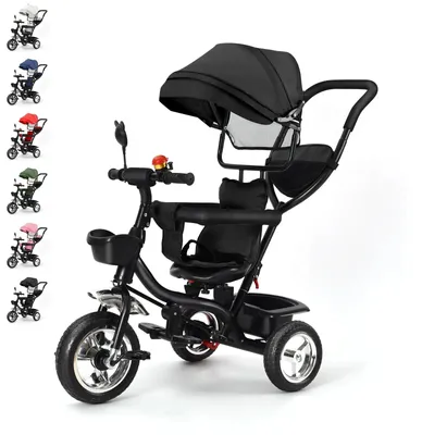 Image de Tricycle pour enfants - Avec barre de poussée - Siège pivotant - Grandes roues - Panier et sac - 1 à 5 ans - Capacité de charge > 20 kg - Noir