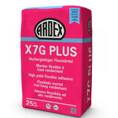 A pink bag of ARDEX X7G PLUS adhesive.