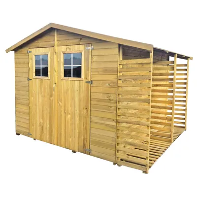 Produktbild von 4iQ Holz-Gerätehaus BEN mit Doppeltür und Holzschuppen | 6,95 m² Gartenhaus mit Holzlager