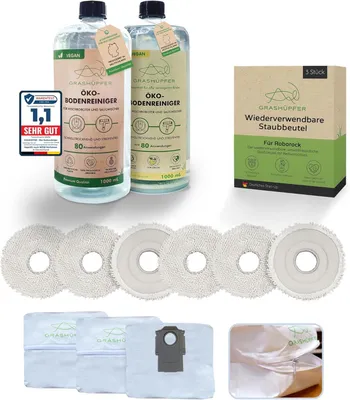 Produktbild von GRASHÜPFER® Roborock Qrevo/Saros Sorglospaket – 2x Öko-Bodenreiniger Zitrusblüte & Tropisch + 3 Wiederverwendbare Staubbeutel + 6 Waschbare Wischpads