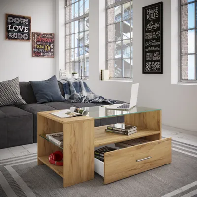 Produktbild von VCM Holz Couchtisch mit ESG-Sicherheitsglas | Sofatisch mit ausreichend Stauraum | Maße ca. H. 45 x B. 100 x T. 50 cm | Wohnzimmertisch mit Schublade - Tindala