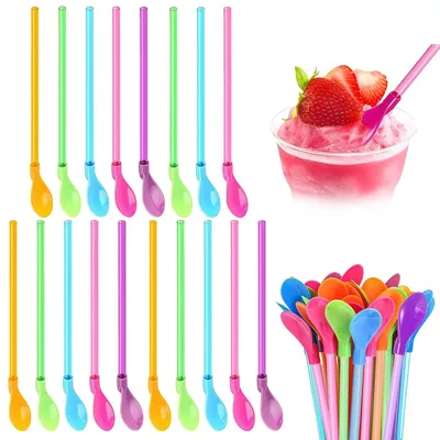 15 Slush-Rietjes mit Löffel, 2-in-1, wiederverwendbar, Kunststoff