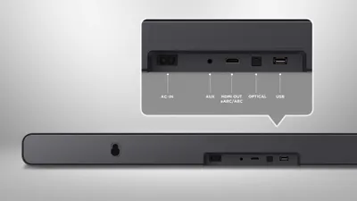 A close-up view of the back panel of a soundbar, highlighting its various ports and connections.