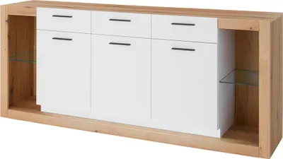 Produktbild von Wohnzimmer-Sideboard 198 cm breit in Eiche mit weiß matt, 3 Türen, 3 Schubladen BELLAGIO-61