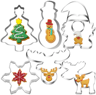 Produktbild von Weihnachtsplätzchenausstecher, 6-teiliges Set, große, wiederverwendbare Ausstecher aus Edelstahl, ideal zum Dekorieren von Kuchen, Zuckerkeksen und Plätzchen.