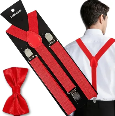 A man wearing a white shirt with red suspenders and a red bow tie.